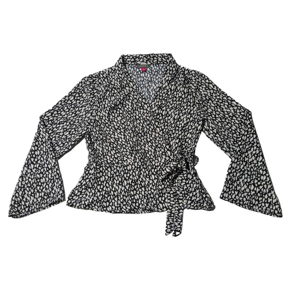 VINCE CAMUTO Animal Print Faux Wrap Top Women Small Black White‎